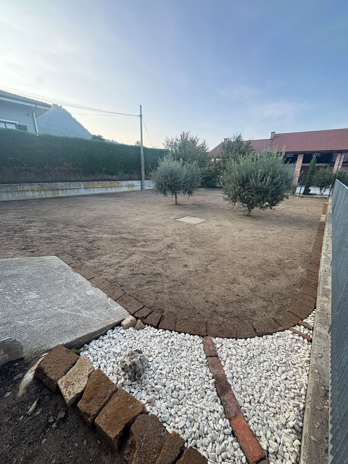 Terreno livellato e pronto per la semina tra due ulivi, con bordura in tufo e ghiaia bianca